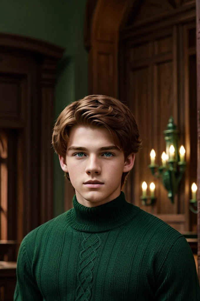 Teenage boy age 18, face of Luke Slattery faceclaim, redhead with dark hazel eyes, dressed in emerald green sweater, background of dark Slytherin common room