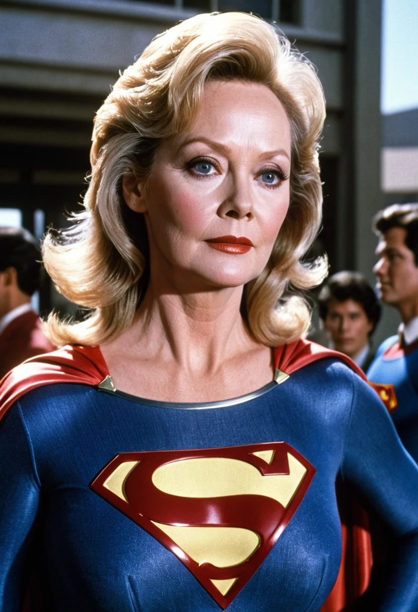 real strong Jean Smart 2024 in Supergirl1984s movie costume; HD. Photograph, ((realism)), extremely high quality RAW photograph, ultra detailed photograph, sharp focus, high resolution, (detailed skin:1,3),high quality, film grain, Fujifilm XT3,Highly Detailed, movie, (Cinematic Photo:1.3) of (Realistic:1.3)