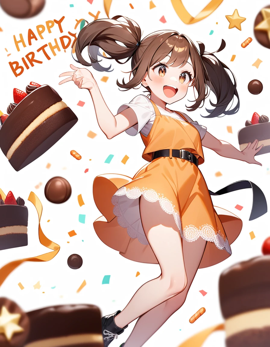 girl, Brown hair, two ponytails in hair, Brown eyes, White T-shirt, orange sundress, black shoes, Black Belt, Short skirt, white lace at the end of the skirt, White background, birthday, joy, chocolate cake,