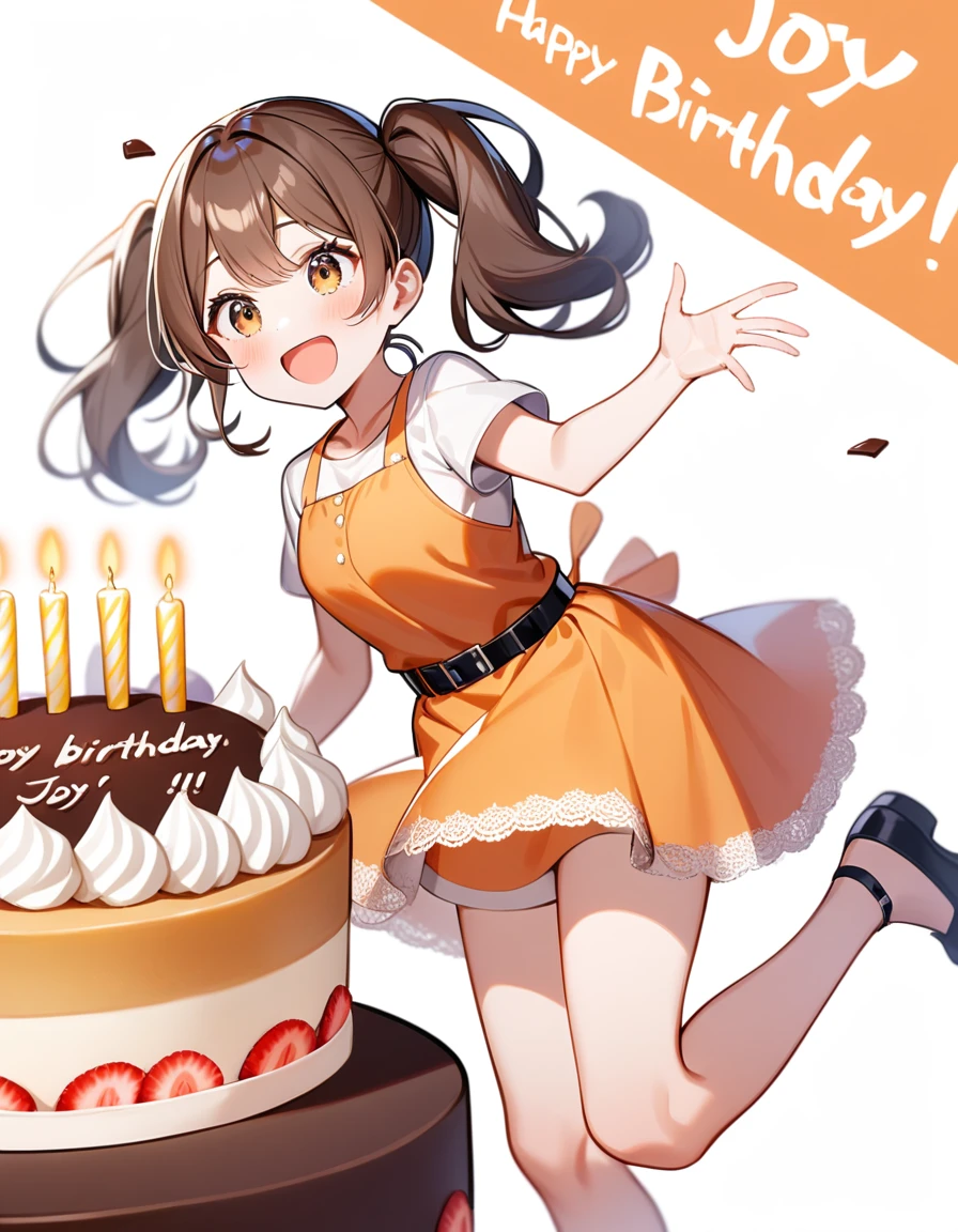 girl, Brown hair, two ponytails in hair, Brown eyes, White T-shirt, orange sundress, black shoes, Black Belt, Short skirt, white lace at the end of the skirt, White background, birthday, joy, chocolate cake,