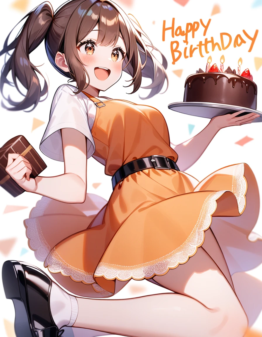 girl, Brown hair, two ponytails in hair, Brown eyes, White T-shirt, orange sundress, black shoes, Black Belt, Short skirt, white lace at the end of the skirt, White background, birthday, joy, chocolate cake,