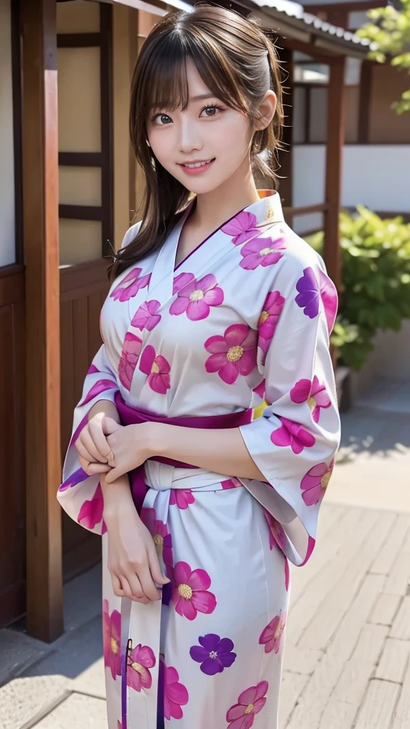 One girl, colorful yukata, 20-year-old Japanese, beautiful, cute face, pretty face, neat, smiling, 8-head body, height 165cm, weight 48kg, bust 83cm, waist 60cm, hips 82cm, selfie