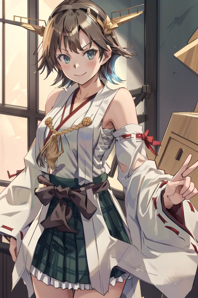 Highest quality, masterpiece, High resolution, alone, (Hiei Kai-2_Fleet Collection:1.15), オレンジ色hair, hairband, headgear, Non-traditional_Shrine maiden, smile, green_eye, Inverted up_hair, smile, One Girl, dependent_sleeve, green_skirt, Plaid, Plaid_skirt, ribbon-trimmed_sleeve, ribbon_trim, skirt, 