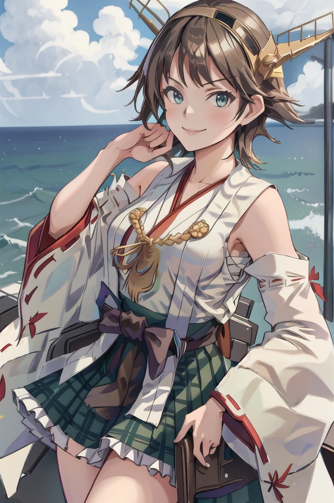 Highest quality, masterpiece, High resolution, alone, (Hiei Kai-2_Fleet Collection:1.15), オレンジ色hair, hairband, headgear, Non-traditional_Shrine maiden, smile, green_eye, Inverted up_hair, smile, One Girl, dependent_sleeve, green_skirt, Plaid, Plaid_skirt, ribbon-trimmed_sleeve, ribbon_trim, skirt,