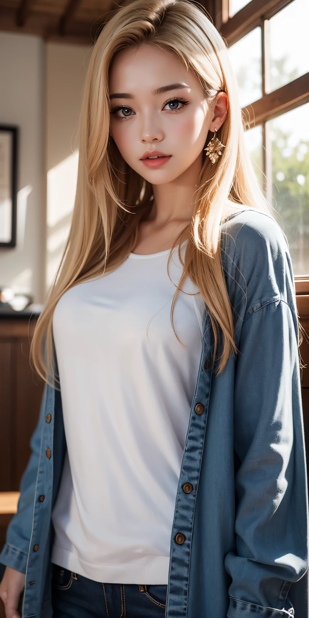 (Best quality,8k,high resolution,masterpiece:1.2)，Digital Artwork，A girl，Delicate face，Delicate eyes，Mi blonde hair，Long straight hair，shiny blue eyes，Red lips，particle，dust，Warm colors，shy，in love，Eevee drawing，Men&#39;s white collar shirt，necklace，Pretty Face，Large Breasts，more than_Body，Tyndall effect，lifelike，Dark Studio，(HD Skin:1.2)，8k Ultra HD，Soft Light，high quality，Edge lighting，Two-color lighting，Volumetric Lighting，frank，Professional photography，超high resolution，8k，Bokeh，Shallow depth of field，Film photos