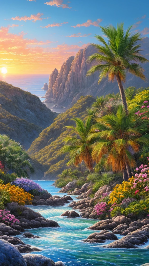 landscape,Deep Blue Sea, Palm tree, Exotic flowers, bright landscape, , rock,, sunset, blue sky, water, Home, (Highly detailed CG 8k unit wallpaper), The most beautiful works of art in the world, Professional majestic oil painting, Complex, Attention to detail, Sharp focus, dramatic, Photorealistic pictorial art,