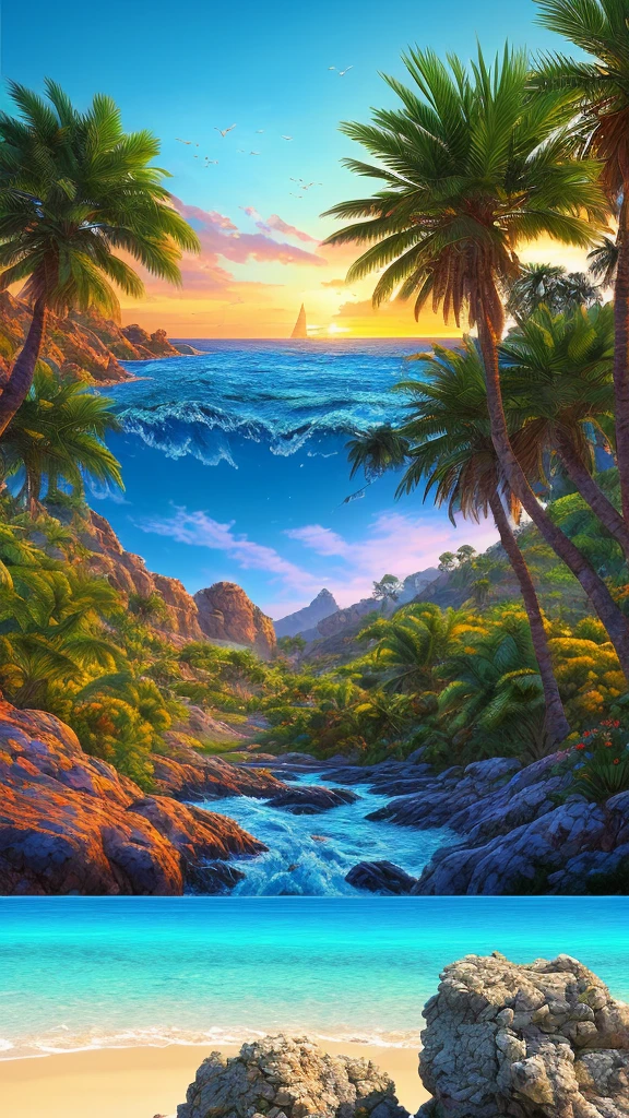 landscape,Deep Blue Sea, Palm tree, Exotic flowers, bright landscape, , rock,, sunset, blue sky, water, Home, (Highly detailed CG 8k unit wallpaper), The most beautiful works of art in the world, Professional majestic oil painting, Complex, Attention to detail, Sharp focus, dramatic, Photorealistic pictorial art,