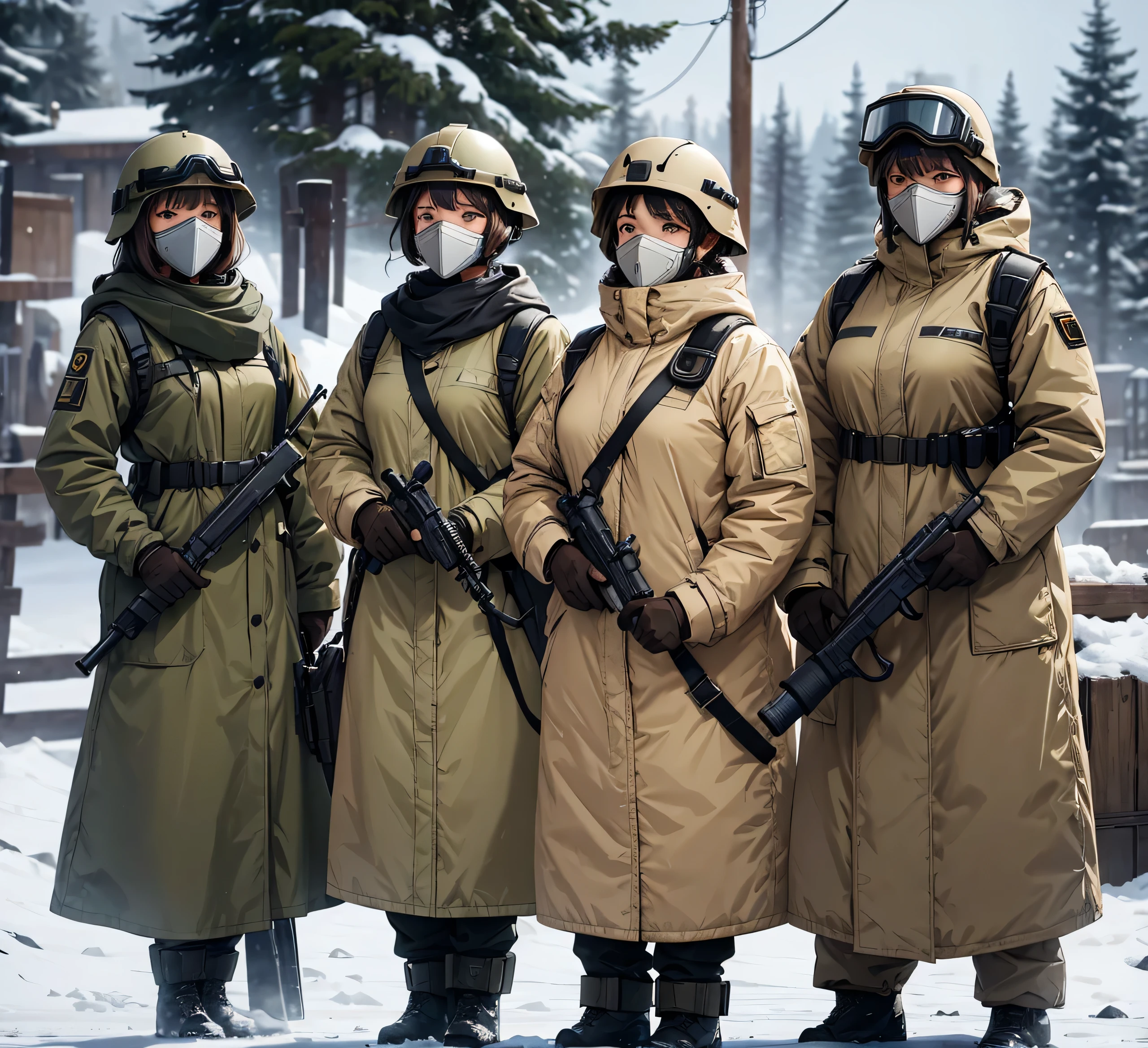 Four female soldiers wearing thick beige coats、Wear a steel helmet、Gas Mask、Goggles、Individual equipment set、Standing guard with gun、Snow Camp、masterpiece、best quality、Highly detailed CG、8K picture quality