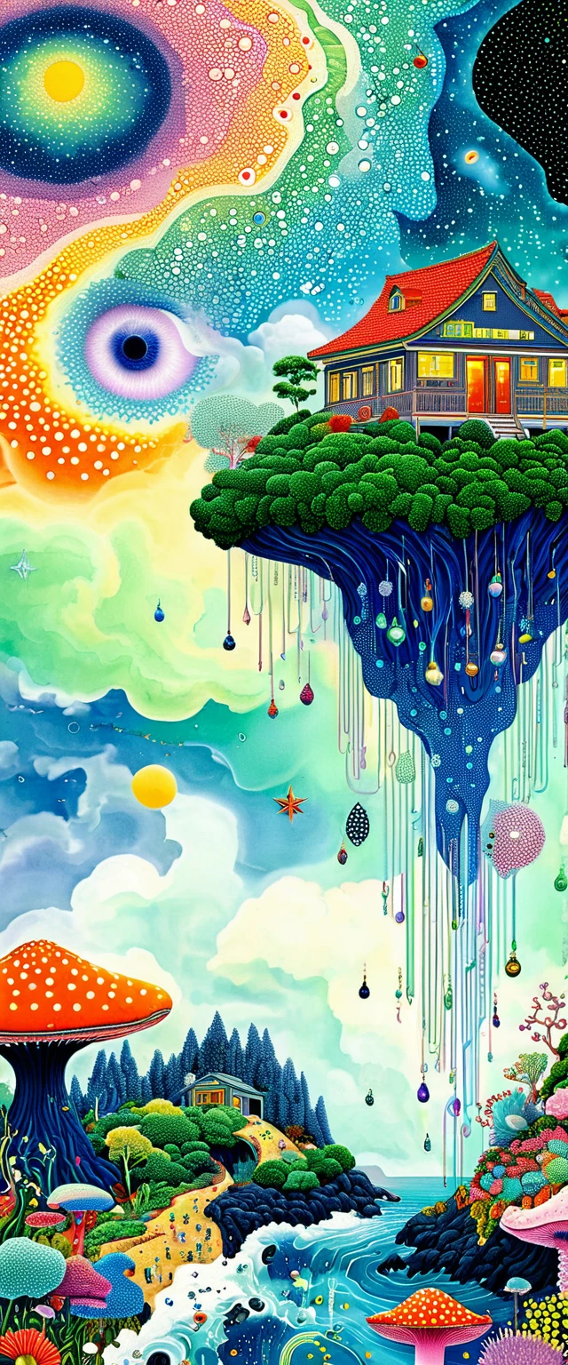 Strong visual fusion of multiple elements,Broto,来自Star的艺术家,house:1.37、Eye、Star、cloud、Spore powder、Ocean、rain、Tentacles,Describing the inner world of autistic people,密集Pointillism method。Smooth lines。interesting,Strange illustration。Pointillism method。Strong contrast。Award-winning works。