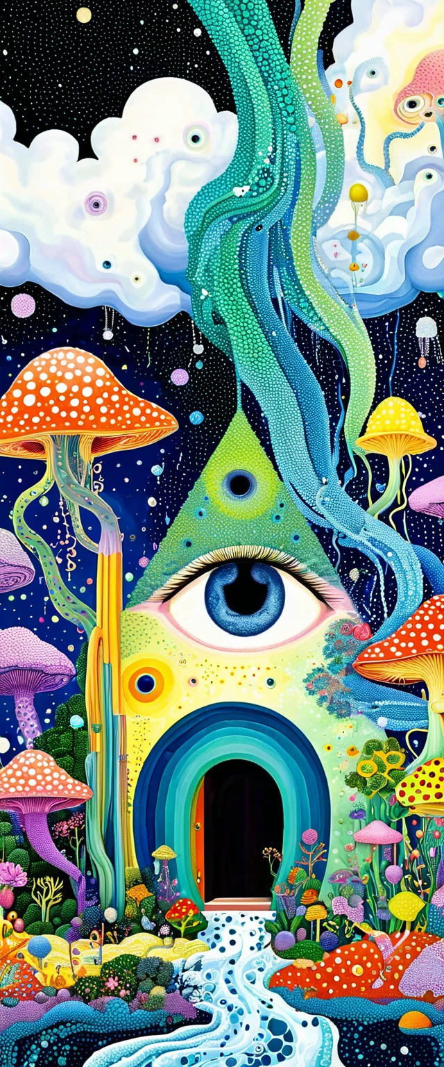Strong visual fusion of multiple elements,Broto,来自Star的艺术家,house:1.37、Eye、Star、cloud、Spore powder、Ocean、rain、Tentacles,Describing the inner world of autistic people,密集Pointillism method。Smooth lines。interesting,Strange illustration。Pointillism method。Strong contrast。Award-winning works。