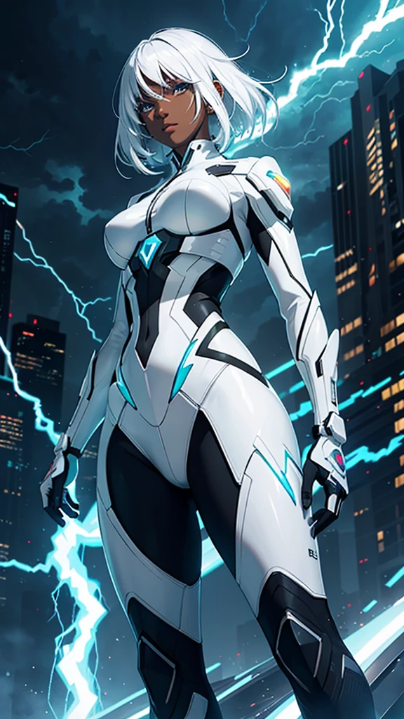 Dark-skinned, white-haired woman with futuristic outfit and lightning powers
