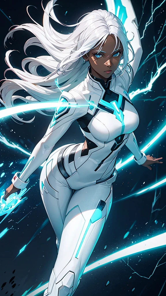 Dark-skinned, white-haired woman with futuristic outfit and lightning powers