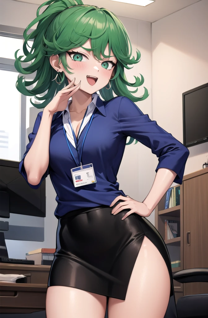 (masterpiece, best quality, detailed), 1girl, solo, looking at viewer, TatsuDef,  eyes, curly hair, green hair, bangs, blush, flipped hair, very long hair, medium breasts, thighs,
office lady, collared shirt, cleavage, lanyard, wristwatch, sleeves rolled up, pencil skirt, brown pantyhose, indoors, office, desk, office chair, ojou-sama pose, laughing, hand on hip, naughty face, smug,Earrings, High Ponytail, 