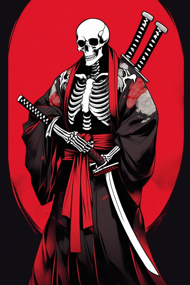 (best quality, sketch:1.2),realistic, illustrator, anime, skeleton, detailed bone, kimono with katana custom, black and red gradient background, textured cropping, masterpiece, style retro classic, noir style , Japanese style 