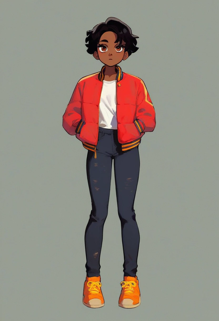 boukisha, 1girl, full body, dark skin, dark skinned female, black hair, brown eyes, red jacket, white shirt, underneath jacket, desaturated pants, orange shoes