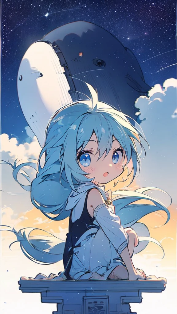 Seven-doppelganger shot,Anime style 4K,High quality anime art style,Standing painting,Splash ink background,Blue Themes、Pure white background,Buildings,Face close-up,Buildings,Moon and sun、Shining Star々,milky way,Facing forward,Clear eyes and nose,cute,beautiful,Thin legs,sitting by the water, black hair, Blue eyes, girl, bob, front, cute,Long Hair,Whale flying in the blue sky,Buildings,whale,Black Hair,future,sunset