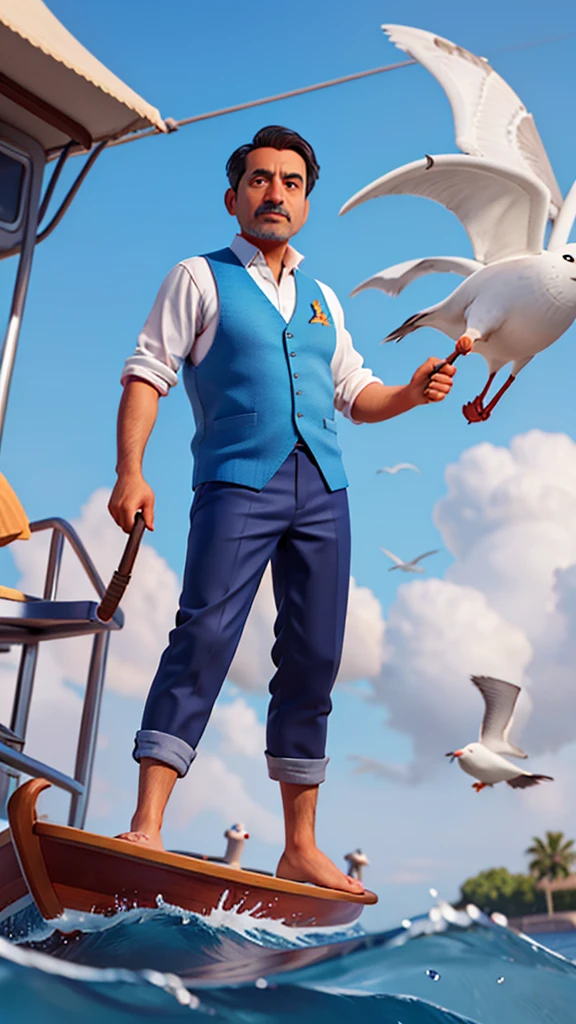 The image shows Mr. Arif’s boat floating in the blue sea, with calm waves and a few seagulls flying overhead. Mr. Arif is standing in his boat, pulling in his net. He is wearing a faded blue vest over his shirt, with his trousers rolled up to his knees.