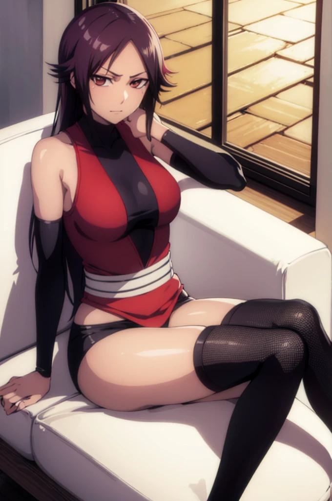 Yoruichi Shihouin, naughty girl, in the house, noon, sitting on a sofa, ravishing expression,