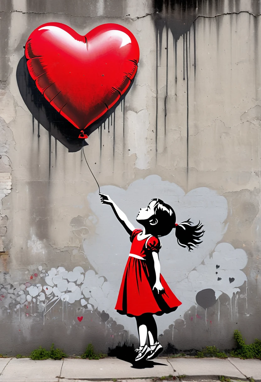 A graffiti-style image depicting a young girl in a dress reaching out for a red, heart-shaped balloon that is floating away. The background is a weathered concrete wall, and the overall tone is melancholic but hopeful, reminiscent of Banksy's iconic style.