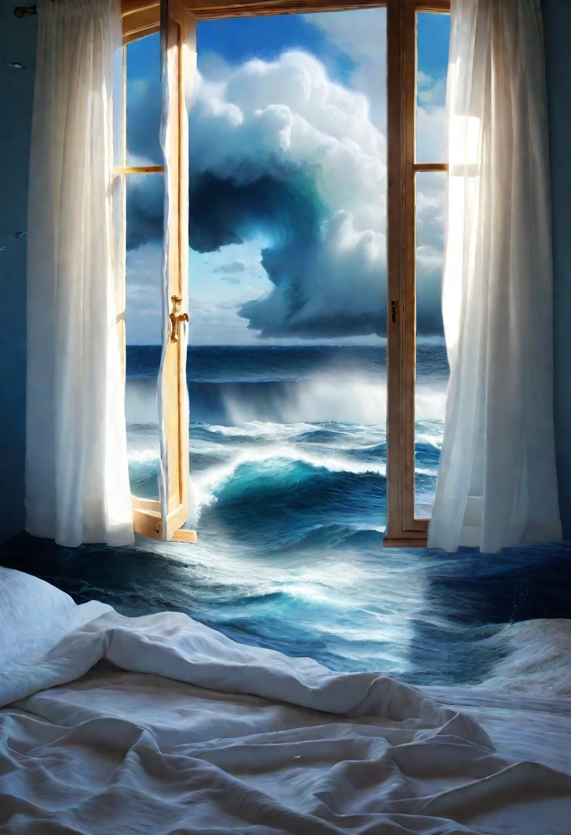 There is a bed with a white quilt,There is also a window with a sea view, Leaking windows, Blue water waves, There is a window facing the sea, Hyperrealistic water art, Surreal scene, Water runs down the walls, open window ib background, surreal dreamscape, Steamwave surreal ocean, Submerged, The storm raged outside the window