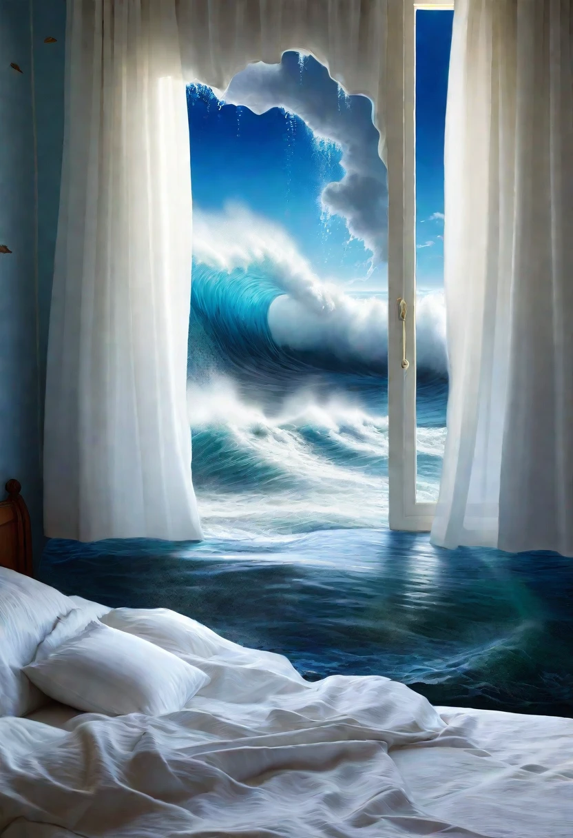 There is a bed with a white quilt，There is also a window with a sea view, Leaking windows, Blue water waves, There is a window facing the sea, Hyperrealistic water art, Surreal scene, Water runs down the walls, open window ib background, surreal dreamscape, Steamwave surreal ocean, Submerged, The storm raged outside the window