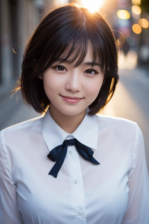 (Highest quality,masterpiece:1.3,Ultra-high resolution),(Very detailed,Caustics,8k),(Realistic:1.4,RAW shooting),1 girl,(Look at the camera with a smile),20-year-old,cute,Japanese,Short black hair,Long sleeve blouse,big ,Bust up shot,street,Face Focus,Natural light,Backlight,(A bright light shines from above),(Lens flare),Professional Writing,(Low position),(Low Angle)