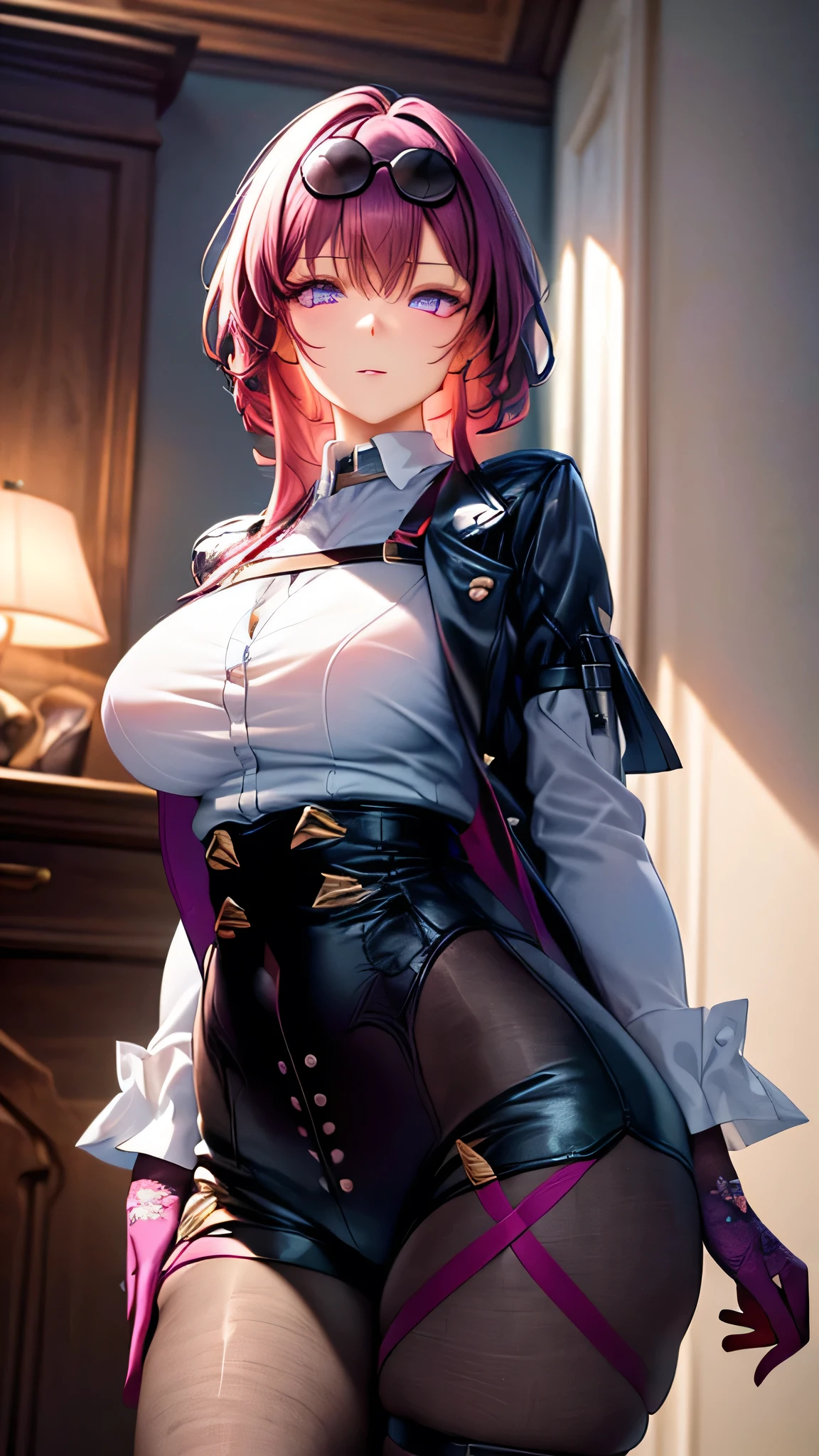 (masterpiece:1.2), best quality, high resolution, unity 8k wallpaper, (illustration:0.8), (beautiful detailed face:1.2, beautiful detailed eyes:1.2), perfect lighting, extremely detailed CG, (perfect hands, perfect anatomy),
Cute, beautiful, charming lady, shiny hair, lustrous skin,
milf, married woman, soft With a gentle appearance and a gentle mother-like atmosphere,
kafka_a, purple eyes, large breasts, sunglasses, eyewear on head, harness, black jacket, white shirt, collared shirt, long sleeves, white sleeves, purple gloves, black shorts, thigh strap, pantyhose, boots,