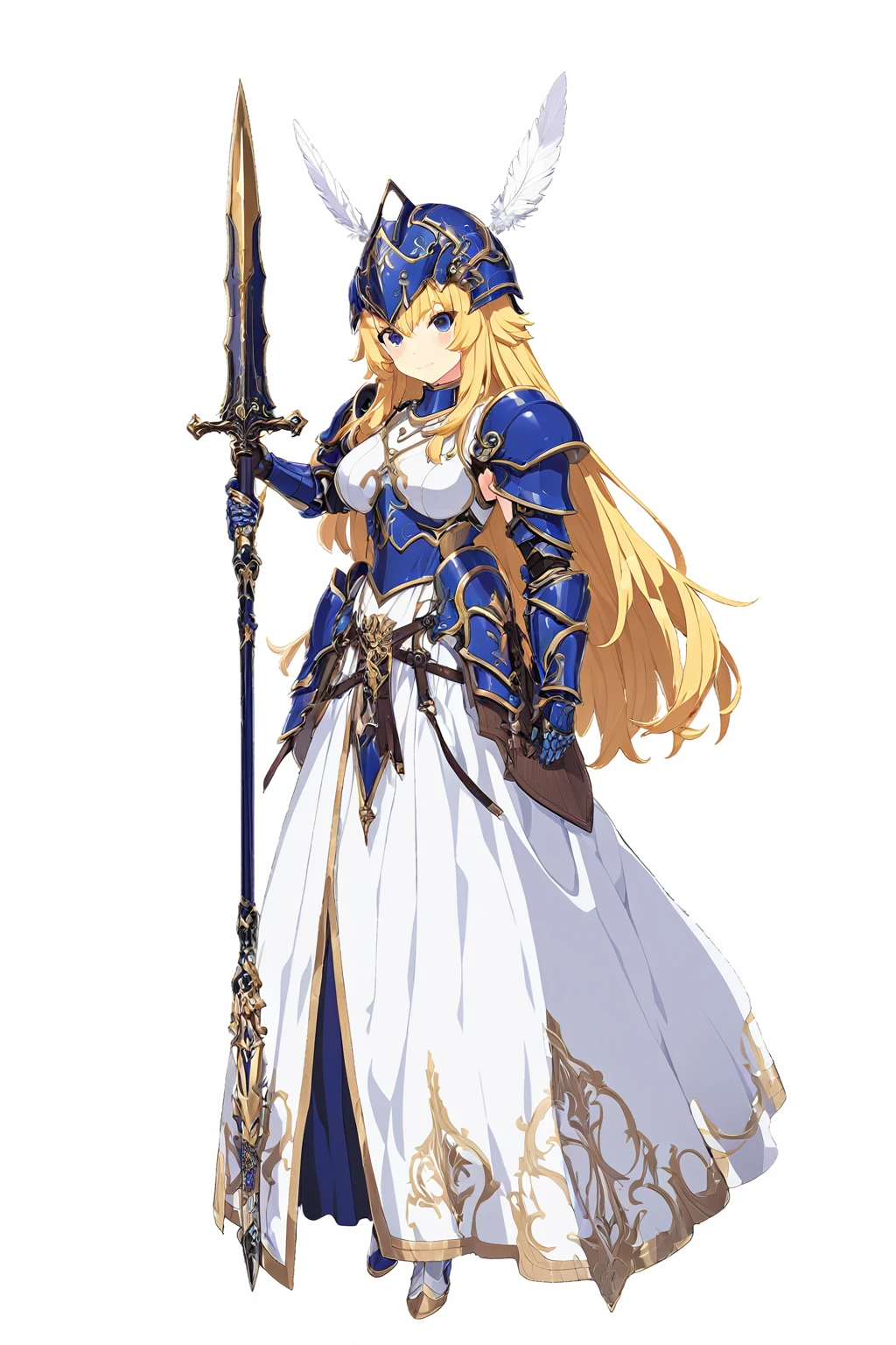high quality, high resolution, high qualityのゲームアートスタイル, whole body,valkyrie,perfect hand,Official Art, Smooth game CG art, Visual Novel Sprites, White background,Smooth game CG art, (((Woman with a gun))),Woman wearing a white dress and blue armor, An intricately designed helmet with white feathers,Small shield, (((In his right hand he holds an elaborate spear))),Exquisite Blue Armor,Golden Hair, long hair, female knight, Rin々Shii,Large Bust,20-year-old,