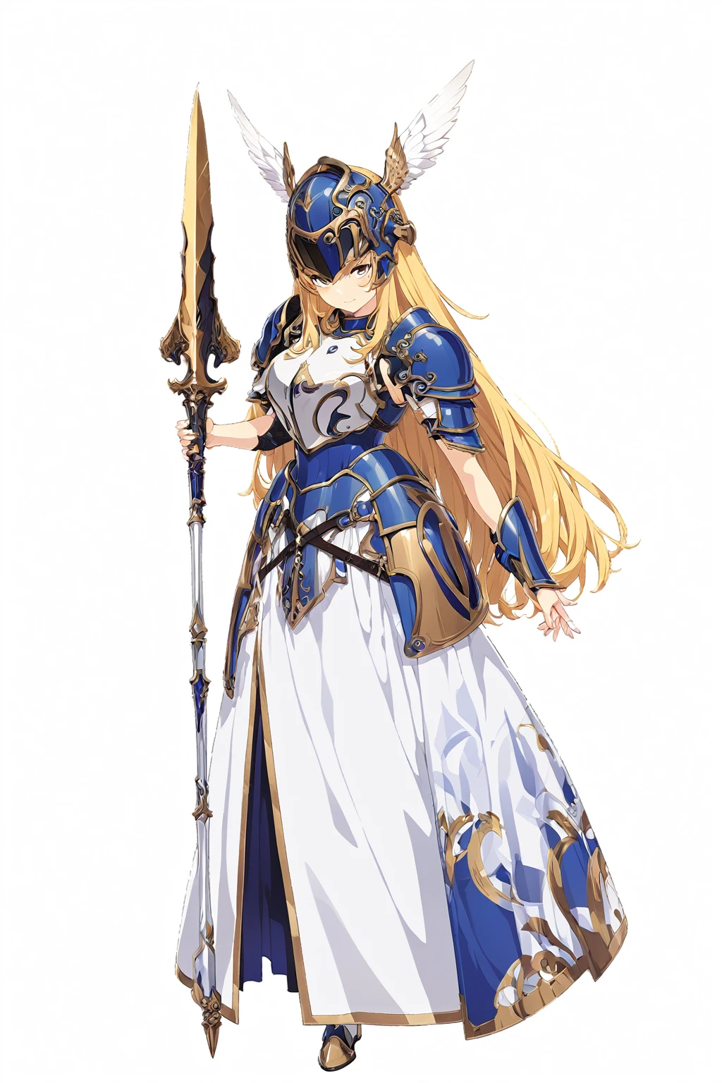 high quality, high resolution, high qualityのゲームアートスタイル, whole body,valkyrie,perfect hand,Official Art, Smooth game CG art, Visual Novel Sprites, White background,Smooth game CG art, (((Woman with a gun))),Woman wearing a white dress and blue armor, An intricately designed helmet with white feathers,Small shield, (((In his right hand he holds an elaborate spear))),Exquisite Blue Armor,Golden Hair, long hair, female knight, Rin々Shii,Large Bust,20-year-old,