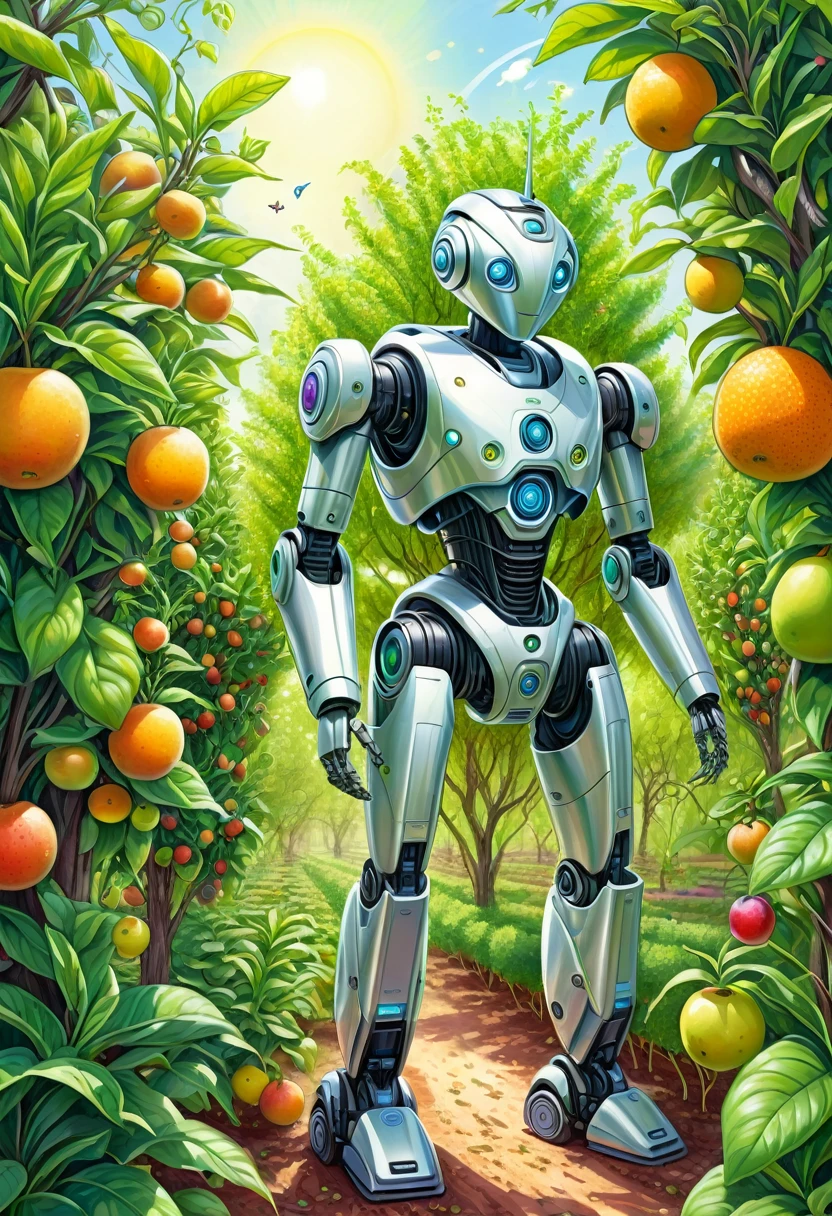 A colored pencil sketch of an organic, plant-based robot made mostly of trees and plants, with bits of technology merged together. The robot is working in a lush fruit orchard. The scene is bright and sunny, with a romantic and idealistic atmosphere, depicting a future where nature and technology coexist harmoniously. The robot is covered in earth and birds, with vegetation growing and intertwining around it, embodying an archeofuturistic vision.
