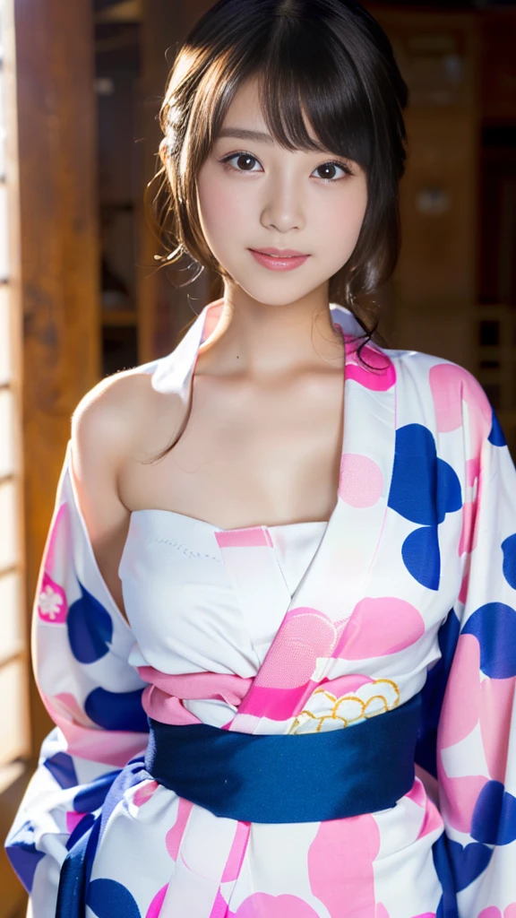 masterpiece, Highest quality,16K, Ultra-high resolution,The light and shadow of reality,Cinema Lenses,((Very skinny)),((Her waist is so slim and beautiful)),((High nose、Small Mouth)),((Clean and slim face line)),((Big dark eyes with long eyelashes)),((Very small face))((Very slim and beautiful arms)),,((She is very slim and has a great figure)),((Pure white beautiful skin)),((Cute Japanese Girls)),(((Pink colorful clothes、yukata)))、Kyoto))、(Sexy pose),(Beautiful Eyes:1.1),Reflecting clear eyes and a gentle smile,