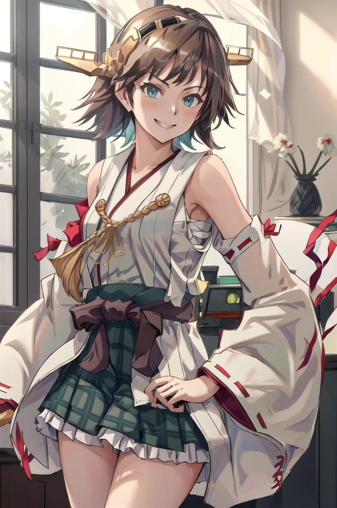 Highest quality, masterpiece, High resolution, alone, (Hiei Kai-2_Fleet Collection:1.15), オレンジ色hair, hairband, headgear, Non-traditional_Shrine maiden, smile, green_eye, Inverted up_hair, smile, One Girl, dependent_sleeve, green_skirt, Plaid, Plaid_skirt, ribbon-trimmed_sleeve, ribbon_trim, skirt, (indoor, office, living room),