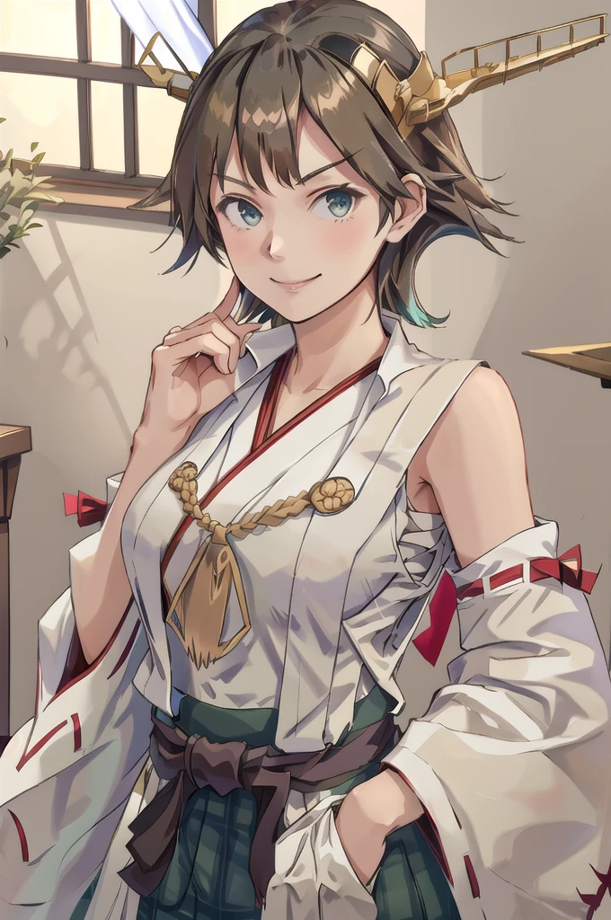 Highest quality, masterpiece, High resolution, alone, (Hiei Kai-2_Fleet Collection:1.15), オレンジ色hair, hairband, headgear, Non-traditional_Shrine maiden, smile, green_eye, Inverted up_hair, smile, One Girl, dependent_sleeve, green_skirt, Plaid, Plaid_skirt, ribbon-trimmed_sleeve, ribbon_trim, skirt, (indoor, office, living room), 