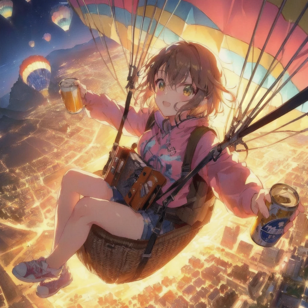 Anime girl flying above the city on a paraglider with a backpack and a can of beer, 4KAnime Wallpaper, Anime Wallpaper 4k, Anime Wallpaper4k, ( ( Makoto Shinkai ) ), hd Anime Wallpaper, Anime Wallpaper, Makoto Shinkai!, Makoto Shinkai!!, 80s anime style,Official artwork, makoto shinkai cyril rolando, 4K Manga Wallpapers, Anime Background