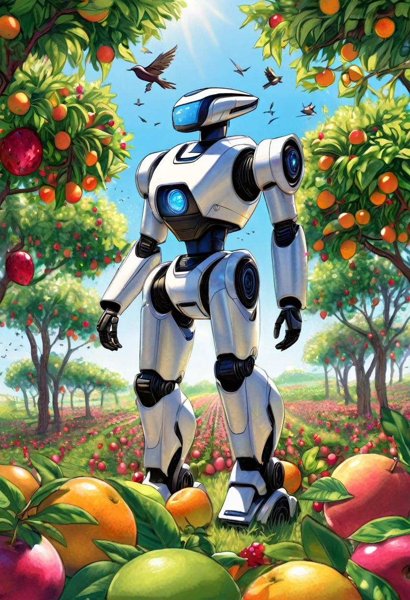 A colored pencil sketch of an organic, plant-based robot made mostly of trees and plants, with bits of technology merged together. The robot is working in a lush fruit orchard. The scene is bright and sunny, with a romantic and idealistic atmosphere, depicting a future where nature and technology coexist harmoniously. The robot is covered in earth and birds, with vegetation growing and intertwining around it, embodying an archeofuturistic vision.

