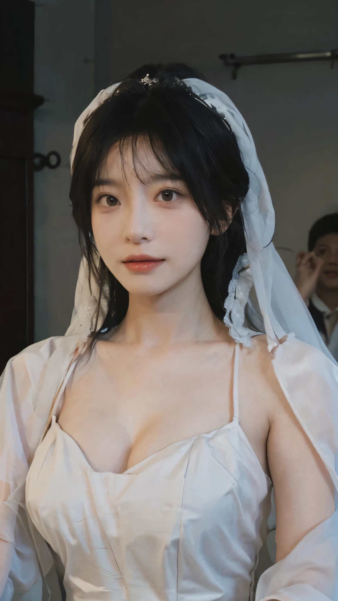 Portrait photography，1 girl，veil，Wedding dress，齐地Wedding dress裙，Wedding dress背景，（whole body：1.4），Exposed ，(Big breRealistic and detailed eyes，Natural skin texture，Realistic facial details)，