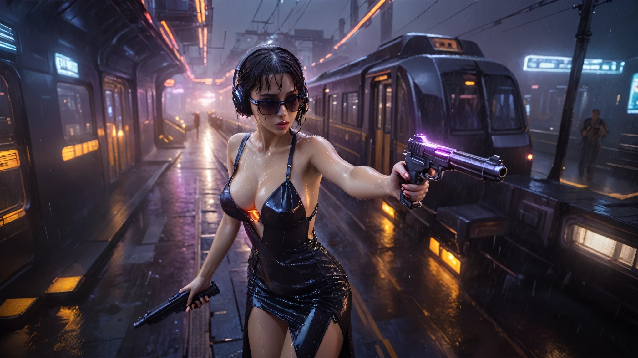 (((aerial view))), Blade Runner style futuristic railway platform, hi-tech train, neon lights, rainy night. (1girl, solo, alone), large-:1.2 slim body, cleavasexy wind blow wet dress:1.4, headphone, (black sunglasses), (((she raised a pistol:1.8 and shot:1.8 the viewer))), dynamic pose, (((half-body thigh level medium shot))), cinematic lighting, lens flare, ray tracing, blurred:1.4 background.
