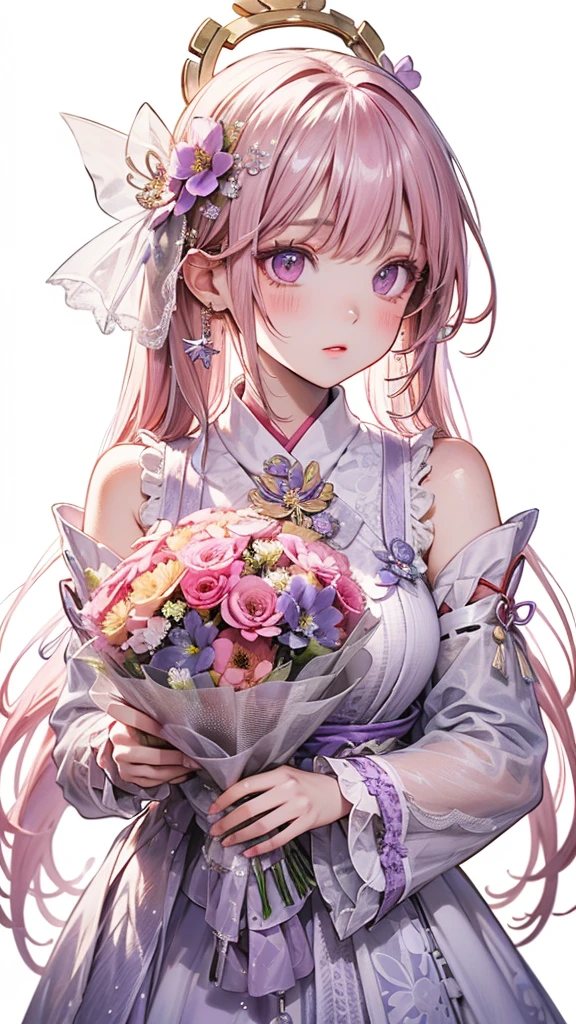 (ultra-Detailed Background, Detailed Background), Absurd, High resolution, Super detailed, Very detailed, One girl, yae miko, Pink Hair, Purple eyes, (bouquet:1.3), (Tangled:1.2), (Geometric:1.2),(colorful),