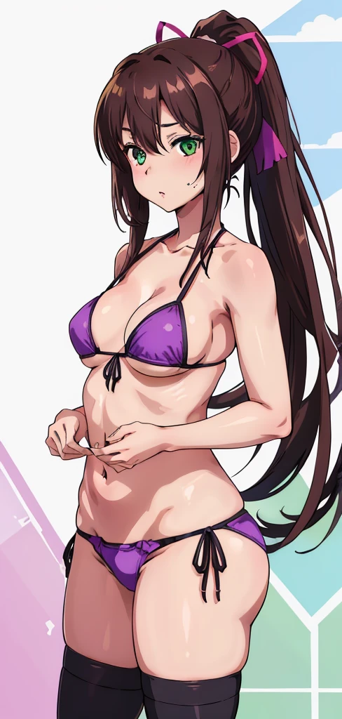 masterpiece, best quality,1girl,solo,kirasaka sayaka,brown hair,long hair,ponytail, hair ribbon, green eyes,,purple thighhighs, wariza, (bikini).