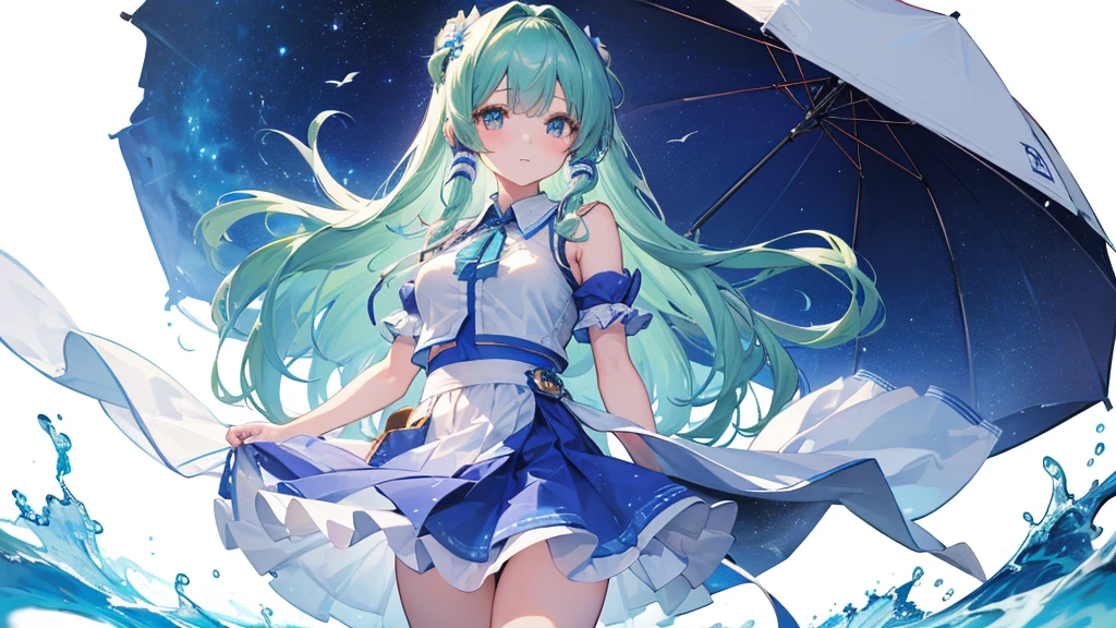 (Highest quality) (4K) (8k) (High resolution) (masterpiece:1.2) (Super detailed) One girl Sanae Kochiya (White Background) Standing posture Serious White clothing Blue Skirt Upper Body
