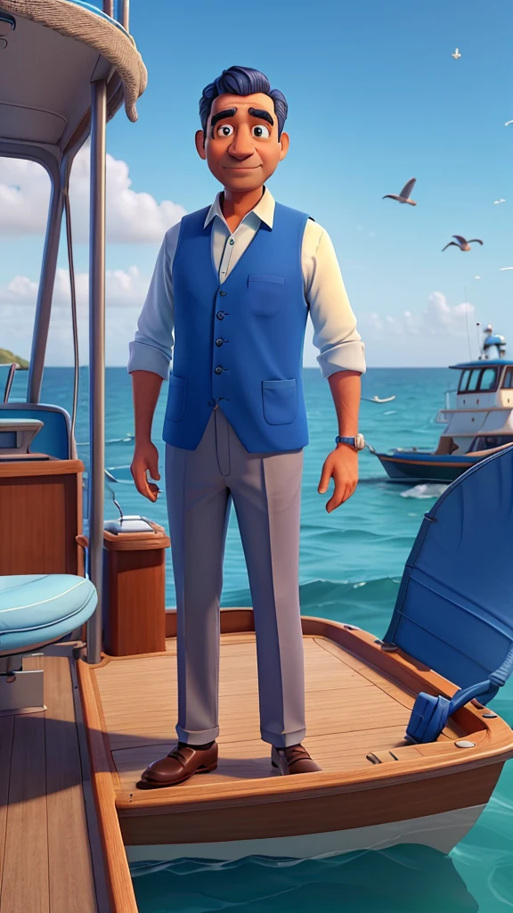 The image shows Mr. Arif’s boat floating in the blue sea, with calm waves and a few seagulls flying overhead. Mr. Arif is standing in his boat, pulling in his net. He is wearing a faded blue vest over his shirt, with his trousers rolled up to his knees.