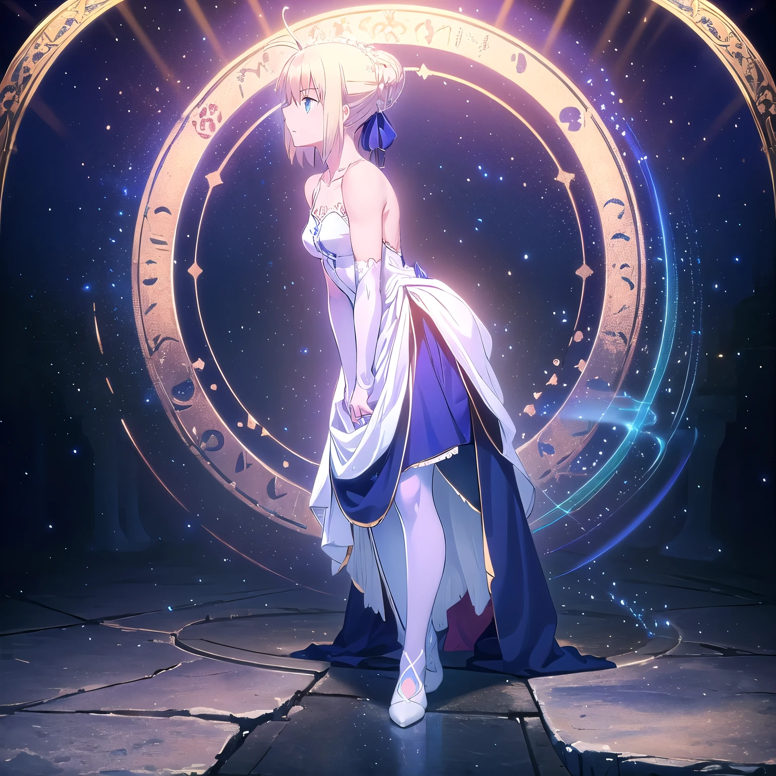 artoria pendragon saber (blue eyes:1.7), ((blonde hair in a bun), (small-sized breast:1.2), imprisoned in a dark temple by red magical lines, tied by red magicall lines, BREAK collarbone, very ((low-cut white summer dress)), bare arms, bare shoulders, ((white stockings)), BREAK looking at viewer, BREAK in a dark temple under a magic circle, bound by magic, standing and bent over, BREAK (masterpiece:1.2), best quality, high resolution, unity 8k wallpaper, (illustration:0.8), (beautiful detailed eyes:1.6), extremely detailed face, perfect lighting, extremely detailed CG, (perfect hands, perfect anatomy), ((semi-profile view)), full body shot