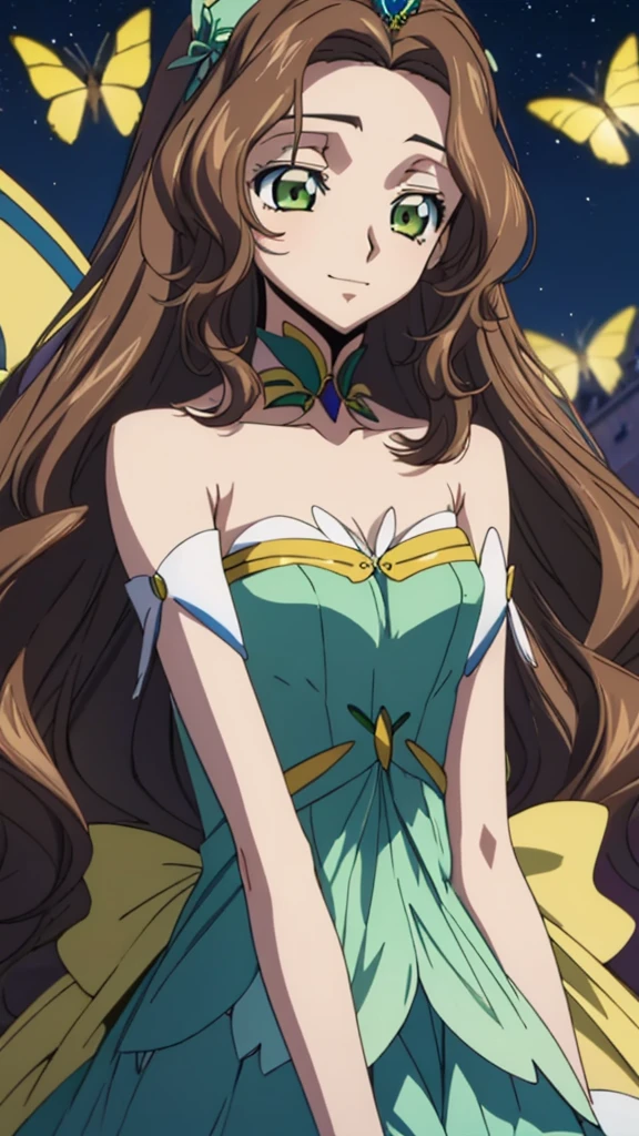 Score_9, score_8, score_7, code Geass_anime, 1girl, Anastasia_yag_Britannia, brown hair and green eyes, long hair, yellow princess butterfly dress, crystal tiara, smile, cute, park, night, best quality, masterpiece+