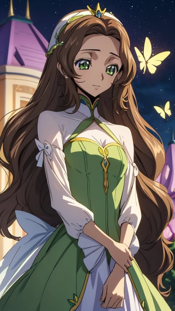 Score_9, score_8, score_7, code Geass_anime, 1girl, Anastasia_yag_Britannia, brown hair and green eyes, long hair, yellow princess butterfly dress, crystal tiara, smile, cute, park, night, best quality, masterpiece+