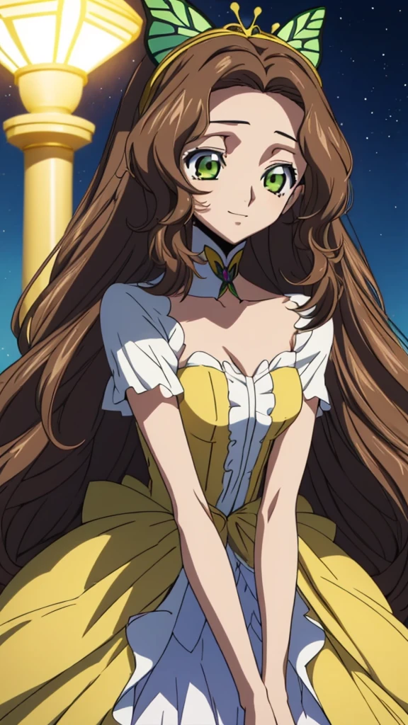 Score_9, score_8, score_7, code Geass_anime, 1girl, Anastasia_yag_Britannia, brown hair and green eyes, long hair, yellow princess butterfly dress, crystal tiara, smile, cute, park, night, best quality, masterpiece+