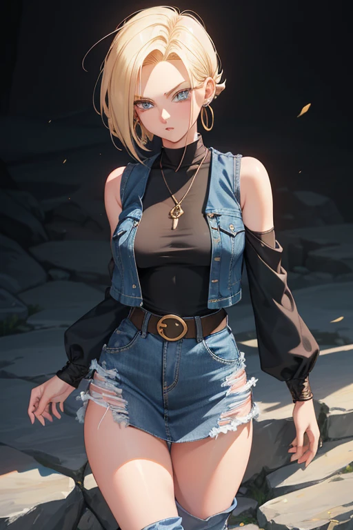 (cowboy shot: 1.2), (ANDROID_18, Y18(dragon ball Z), (beautiful finely detailed eyes and detailed face), (face through thigh: 1.4), (knee shot: 1.2), by rubio, Alone, Agitate, (beautiful background), :), dynamic angle, blue eyes, clear face, sunlight, (bright face: 1.2), very wide hips, very thick thighs, full body shot, Alone, by rubio,  blue eyes, short hair, earrings, jewelry, denim dress, open vest, (black shirt), denim skirt, (Striped long sleeves), blue skirt, brown cowboy boots