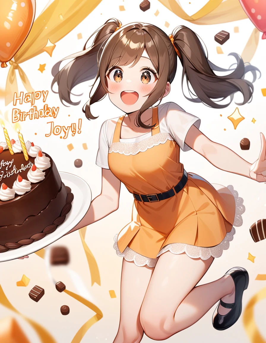 girl, Brown hair, two ponytails in hair, Brown eyes, White T-shirt, orange sundress, black shoes, Black Belt, Short skirt, white lace at the end of the skirt, birthday, joy, chocolate cake,