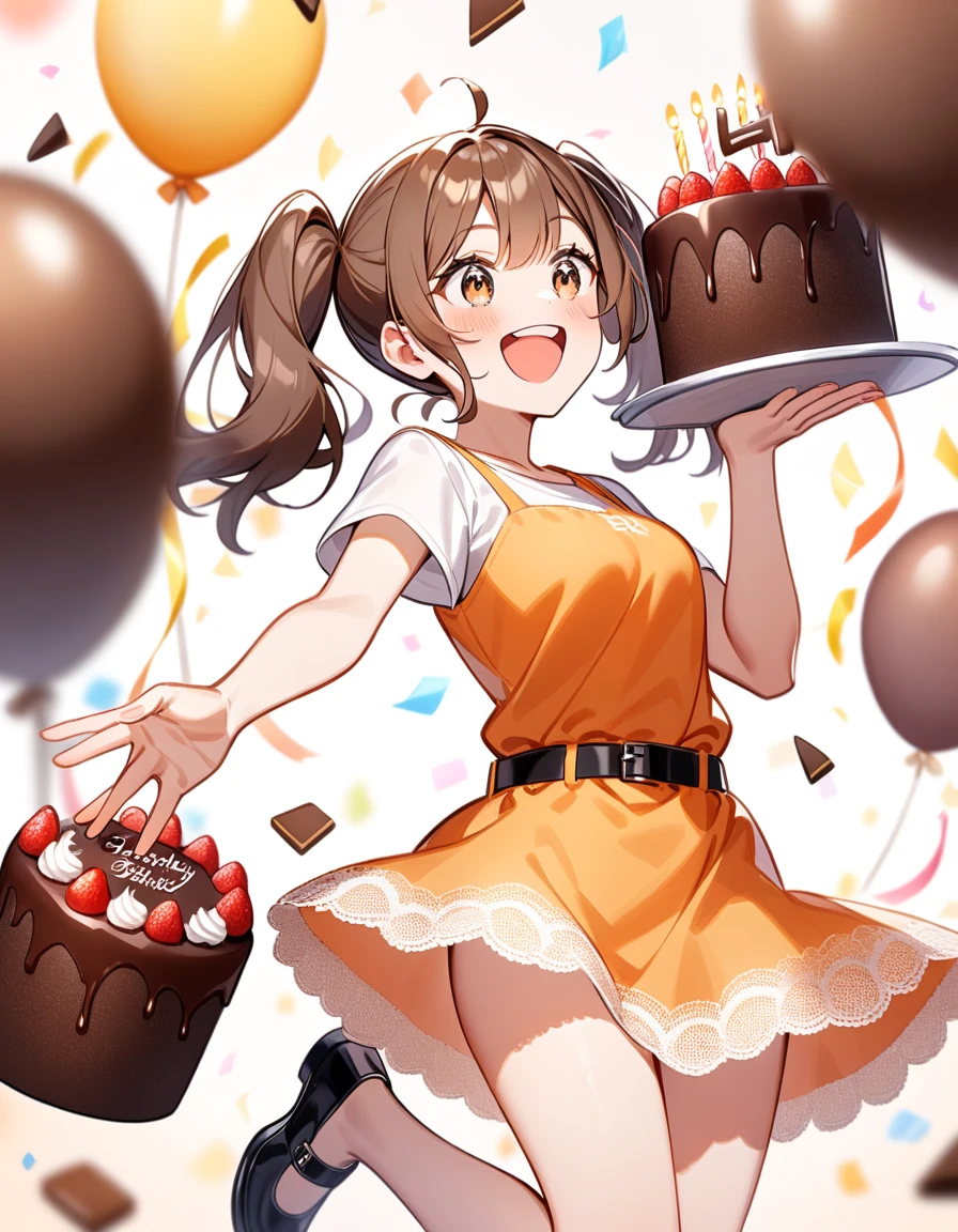 girl, Brown hair, two ponytails in hair, Brown eyes, White T-shirt, orange sundress, black shoes, Black Belt, Short skirt, white lace at the end of the skirt, birthday, joy, chocolate cake,