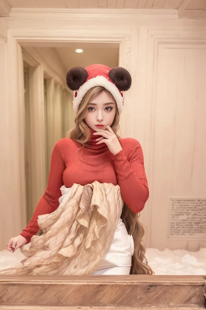 ((best quality, 8 thousand, masterpiece:1.4)), (20 year old woman), ((very small face:1.3)), Highly detailed face and skin textures, detailed eyes, (Italian woman), (blonde wavy very long hair:1.3), (Turtleneck long sleeve neck polar dress:1.4), beautiful bridge, glamorous body, white cloud background, thighs, Transparent stockings, very big breasts,