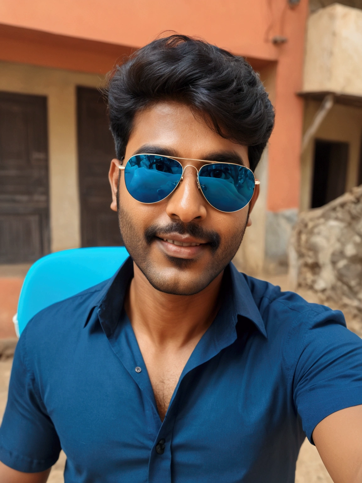 there is a man wearing sunglasses and an blue shirt, with accurate face, with lovely look, without beard, very very low quality picture, 8k selfie photograph, jayison devadas, with sunglass, ayan nag, with kind face, jayison devadas style, portait photo profile picture, candid picture, with a beautifull smile, without helmet